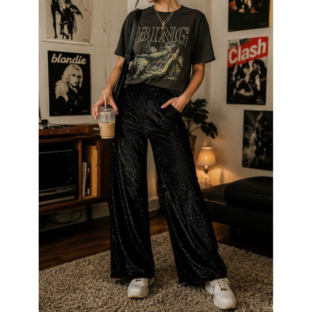 Wide Leg M Metallic Glitter Silver Pinstripes Fun Cluttercore Mcbling Y2K